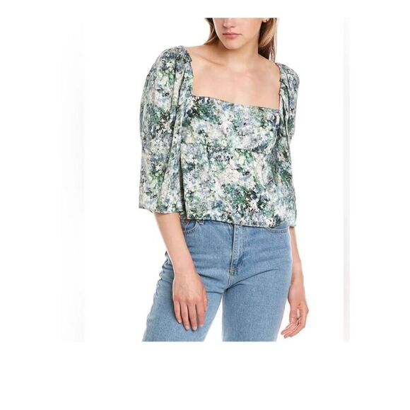 Vince Size 8 Green Floral Print Square Neck Blouse Relaxed Fit Viscose Casual - Picture 1 of 13
